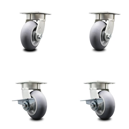 Service Caster 5 Inch Kingpinless Thermoplastic Rubber Wheel Swivel Caster Set with 2 Brakes SCC-KP30S520-TPRRD-2-SLB-2